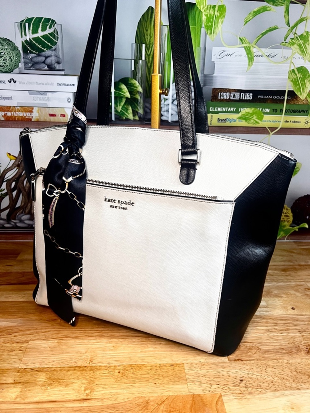 Kate Spade Louise Saffiano Leather Color Block Large Tote Bag Black White - Picture 12 of 12